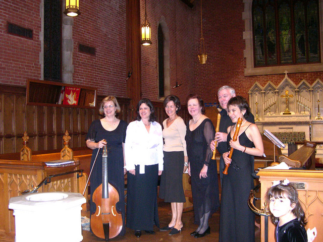 Carolina Pro Musica with artist Alejandra Lopera Quintanilla (right with recorder) and Joann Quantz (center) descendant of J.J. Quantz, flute teacher of Frederick the Great