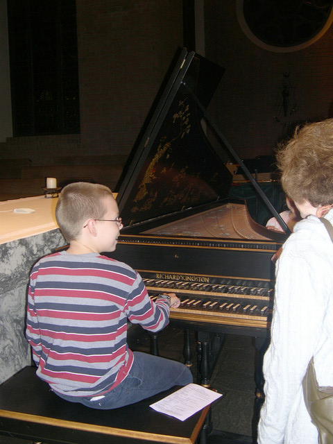 Learning about the harpsichord after the concert - Belmont Abbey