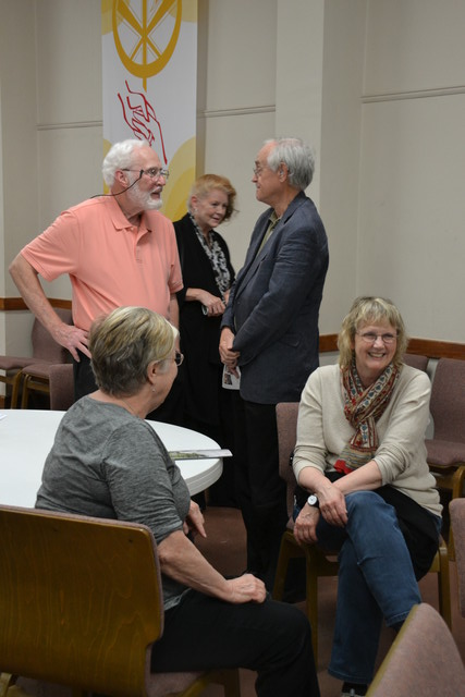John Paschal talks with the Coopers (back), Suzanne Nguyen and Gail Schroeder (front) April 14, 2018