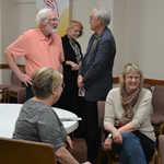 John Paschal talks with the Coopers (back), Suzanne Nguyen and Gail Schroeder (front) April 14, 2018