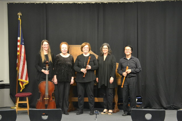 Ensemble after the concert: (l-r) Janelle with cello. Karen, Holly with recorder, Rebecca and Sung (recorder)