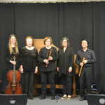 Ensemble after the concert: (l-r) Janelle with cello. Karen, Holly with recorder, Rebecca and Sung (recorder)