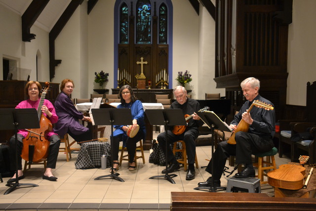 Steve with lute, Eddie with mandolin, Rebecca with drum, Karen at the harpsichord and Holly with bass viol. Our version of a Morley consort