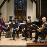 Steve with lute, Eddie with mandolin, Rebecca with drum, Karen at the harpsichord and Holly with bass viol. Our version of a Morley consort